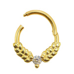 14K Gold 16G Olive Leaves Septum Clicker Ring, Daith Hoops, Helix Body Jewellery Segment Hinged Ring with Gem Crystal - Diameter size 8mm