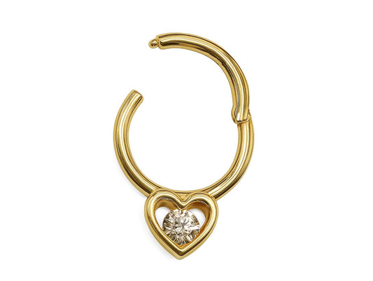 14K Gold Heart Daith Clicker Ring, Septum Nose Hoops, Tragus, Helix 16G Body Jewellery with Gemstones - Inner Diameter size 8mm