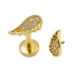 14K Gold Angel Wing Labret Stud Lip Piercing, Tragus, Helix, Cartilage 16G Body Jewellery Internally Threaded