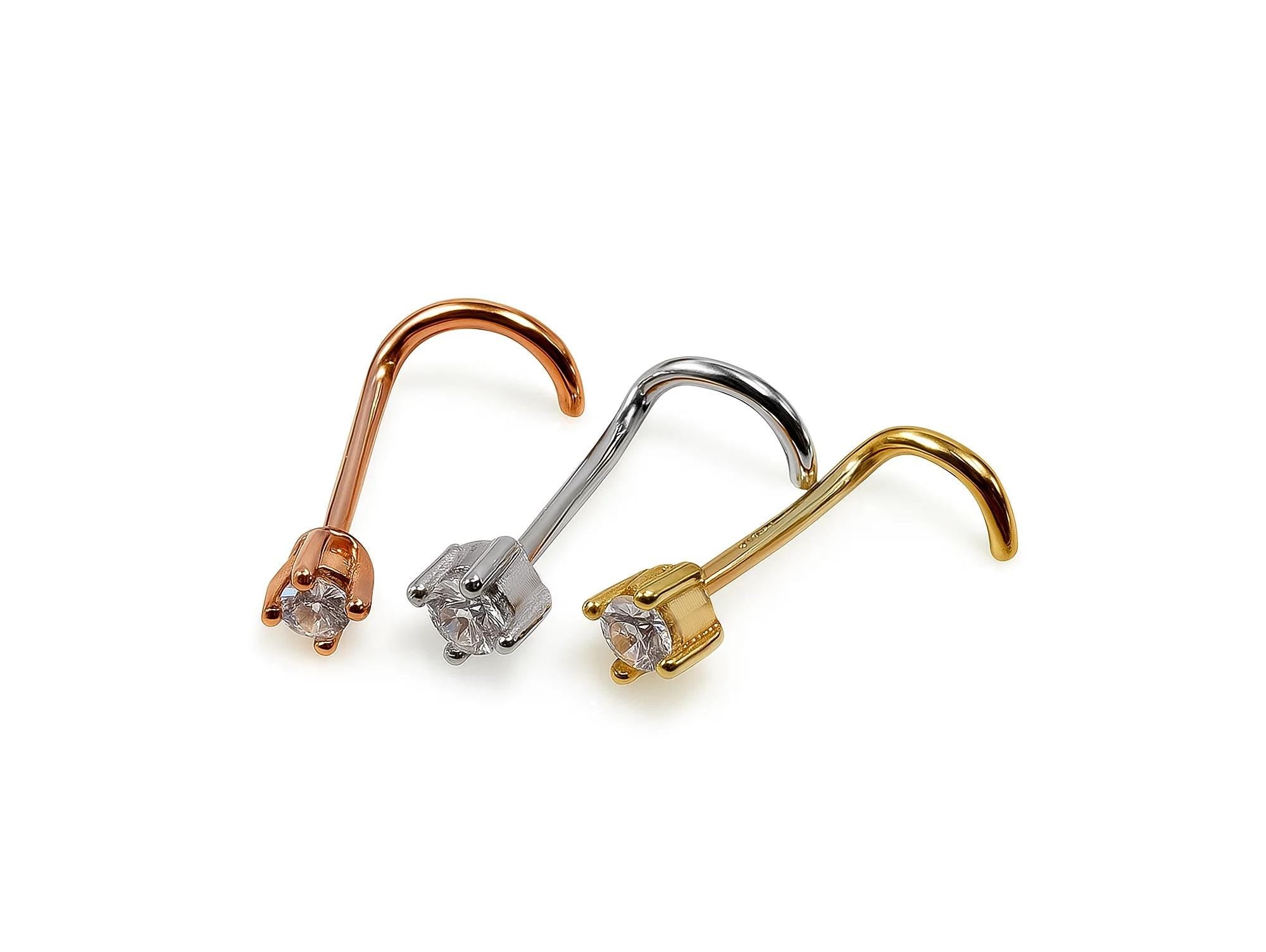 14K Gold Twist Nose Stud: 20G Crystal Nose Ring