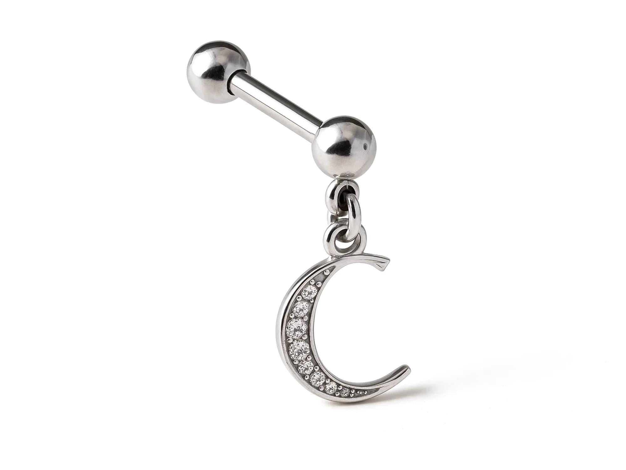 Initial Charm barbell earrings, 16G Piercing with 3mm balls and dangle Silver Letter Charm
