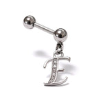 Initial Charm barbell earrings, 16G Piercing with 3mm balls and dangle Silver Letter Charm