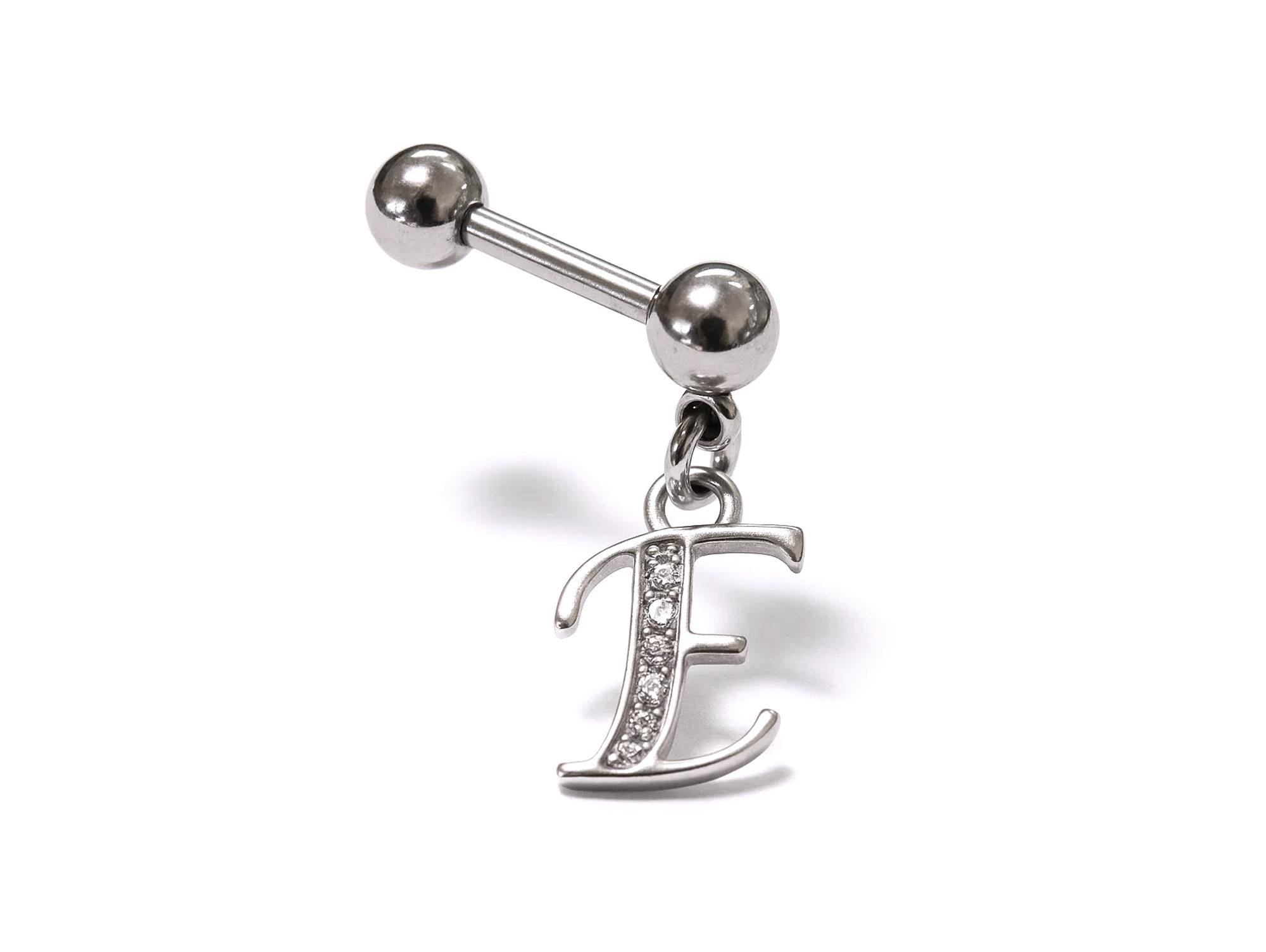 Initial Charm barbell earrings, 16G Piercing with 3mm balls and dangle Silver Letter Charm