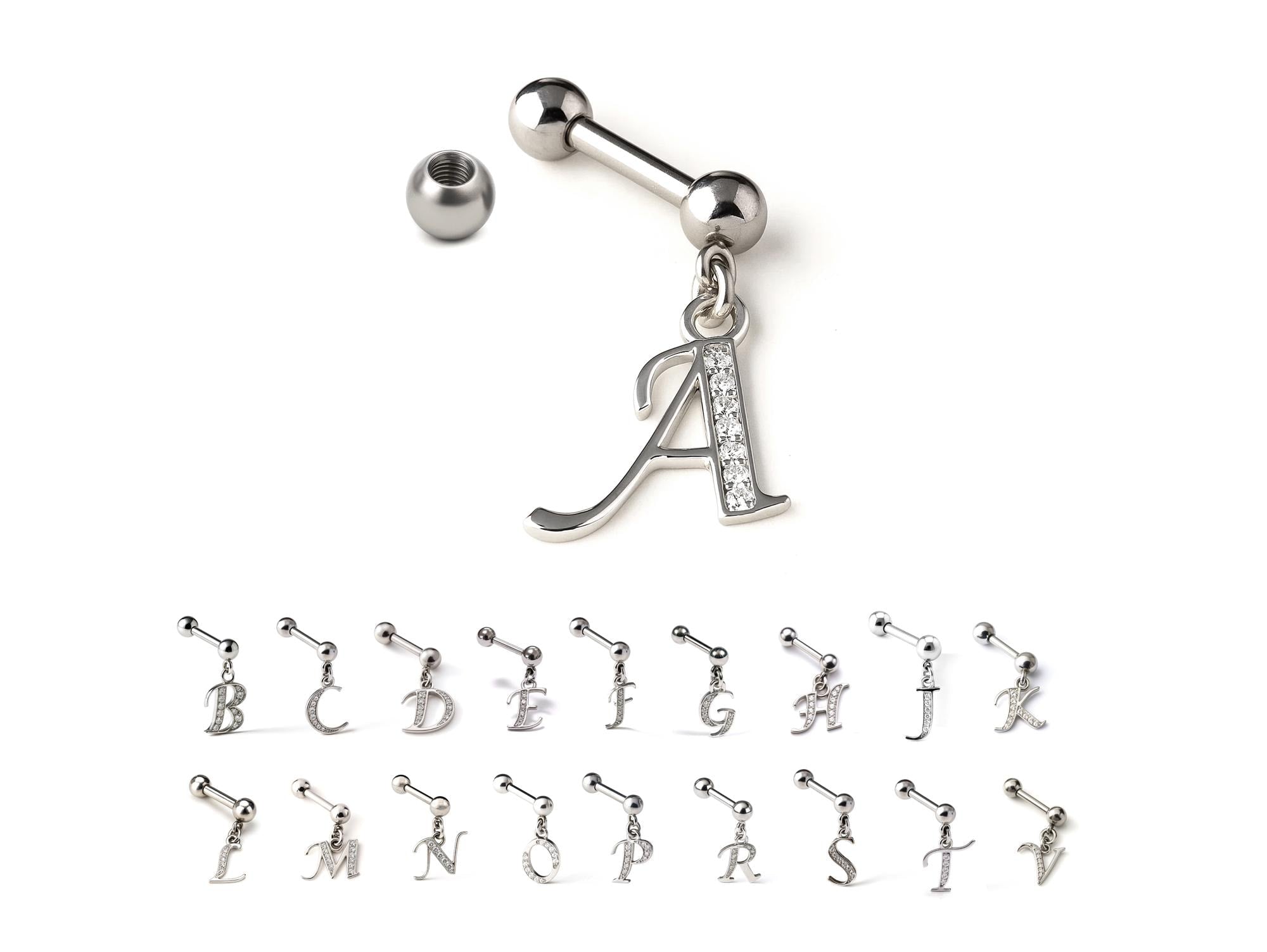 Initial Charm barbell earrings, 16G Piercing with 3mm balls and dangle Silver Letter Charm