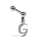 Initial Charm barbell earrings, 16G Piercing with 3mm balls and dangle Silver Letter Charm