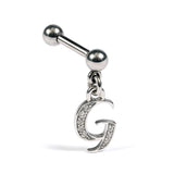 Initial Charm barbell earrings, 16G Piercing with 3mm balls and dangle Silver Letter Charm