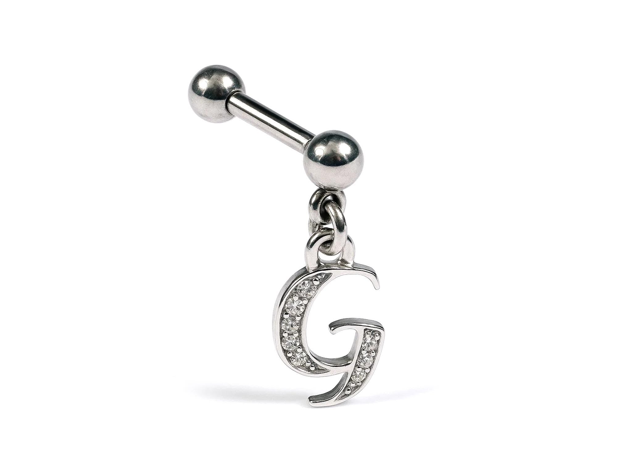 Initial Charm barbell earrings, 16G Piercing with 3mm balls and dangle Silver Letter Charm