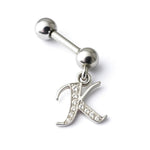 Initial Charm barbell earrings, 16G Piercing with 3mm balls and dangle Silver Letter Charm