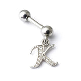 Initial Charm barbell earrings, 16G Piercing with 3mm balls and dangle Silver Letter Charm
