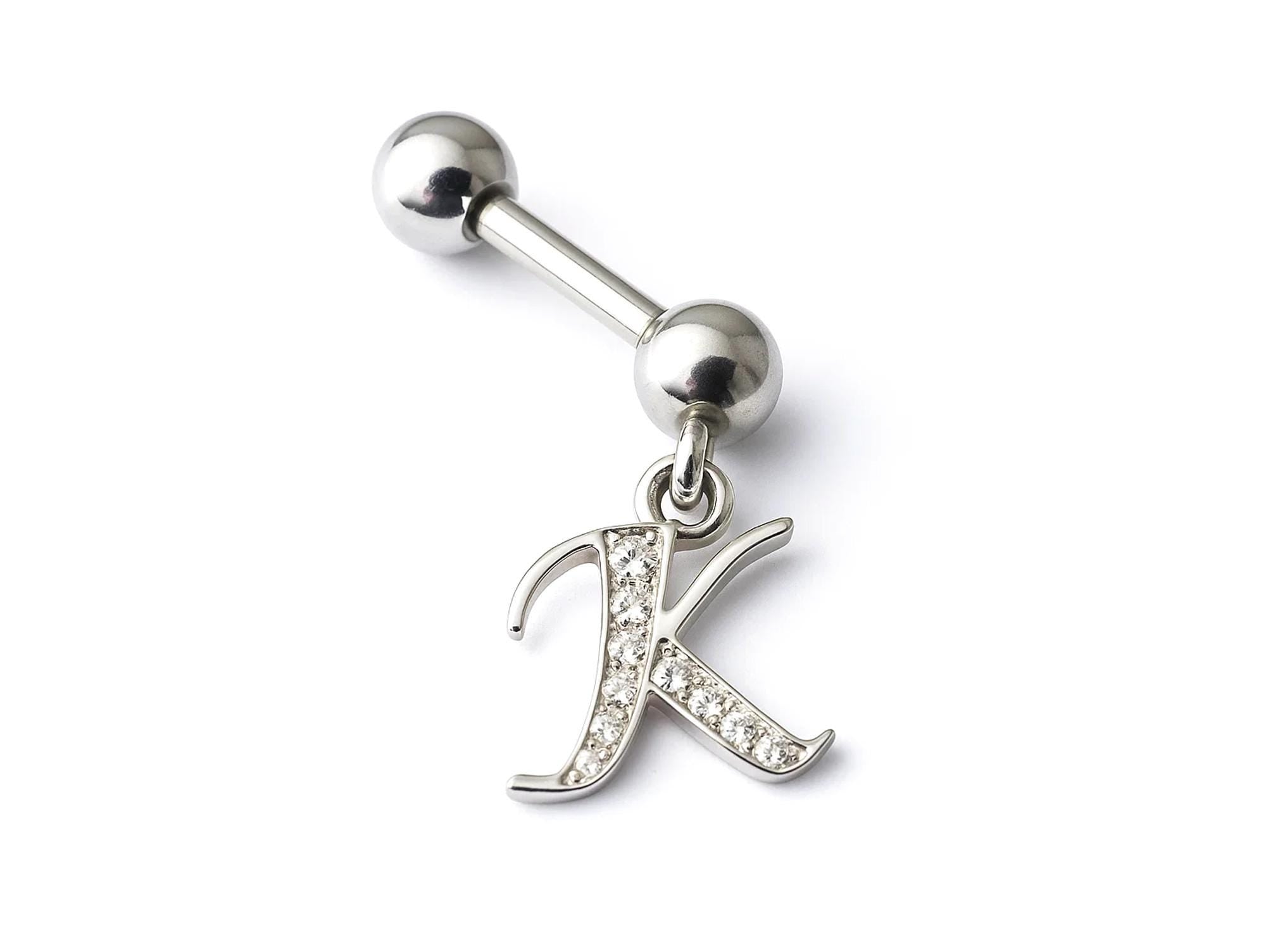 Initial Charm barbell earrings, 16G Piercing with 3mm balls and dangle Silver Letter Charm