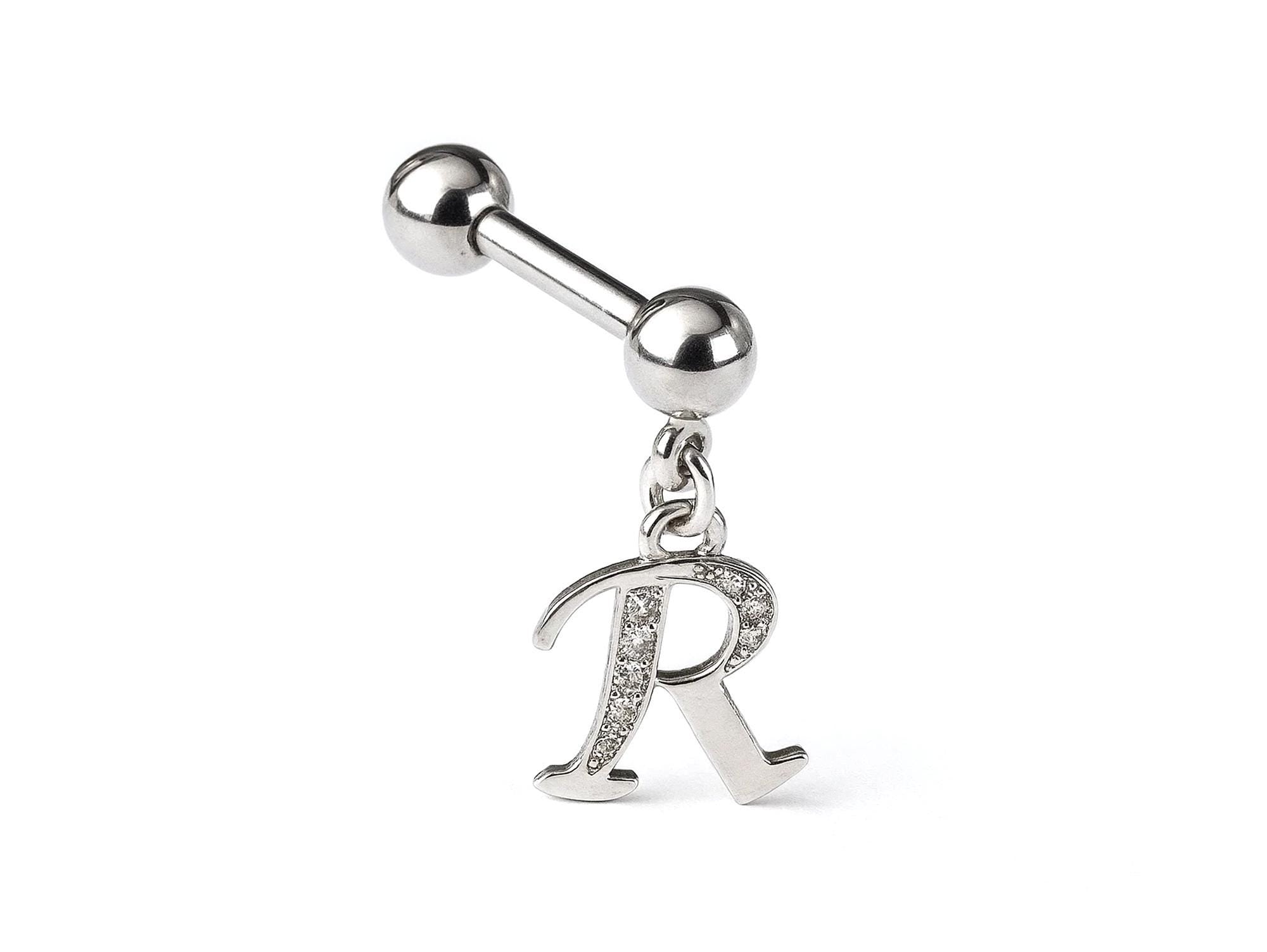Initial Charm barbell earrings, 16G Piercing with 3mm balls and dangle Silver Letter Charm