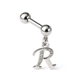 Initial Charm barbell earrings, 16G Piercing with 3mm balls and dangle Silver Letter Charm