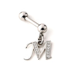 Initial Charm barbell earrings, 16G Piercing with 3mm balls and dangle Silver Letter Charm
