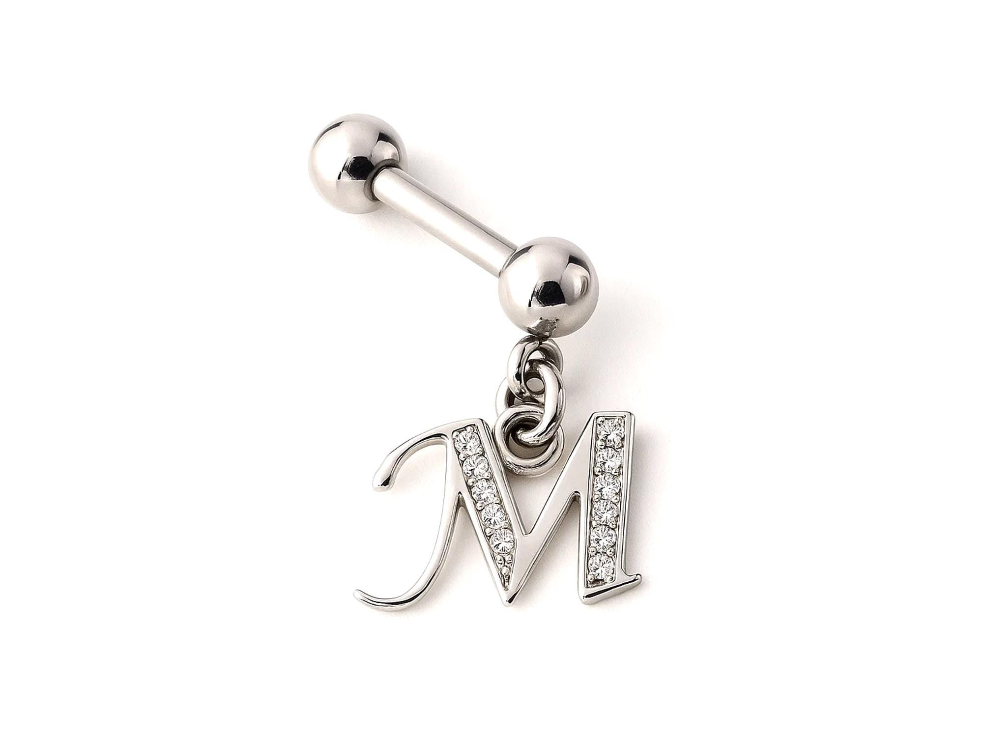 Initial Charm barbell earrings, 16G Piercing with 3mm balls and dangle Silver Letter Charm