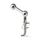 Initial Charm barbell earrings, 16G Piercing with 3mm balls and dangle Silver Letter Charm