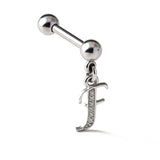Initial Charm barbell earrings, 16G Piercing with 3mm balls and dangle Silver Letter Charm