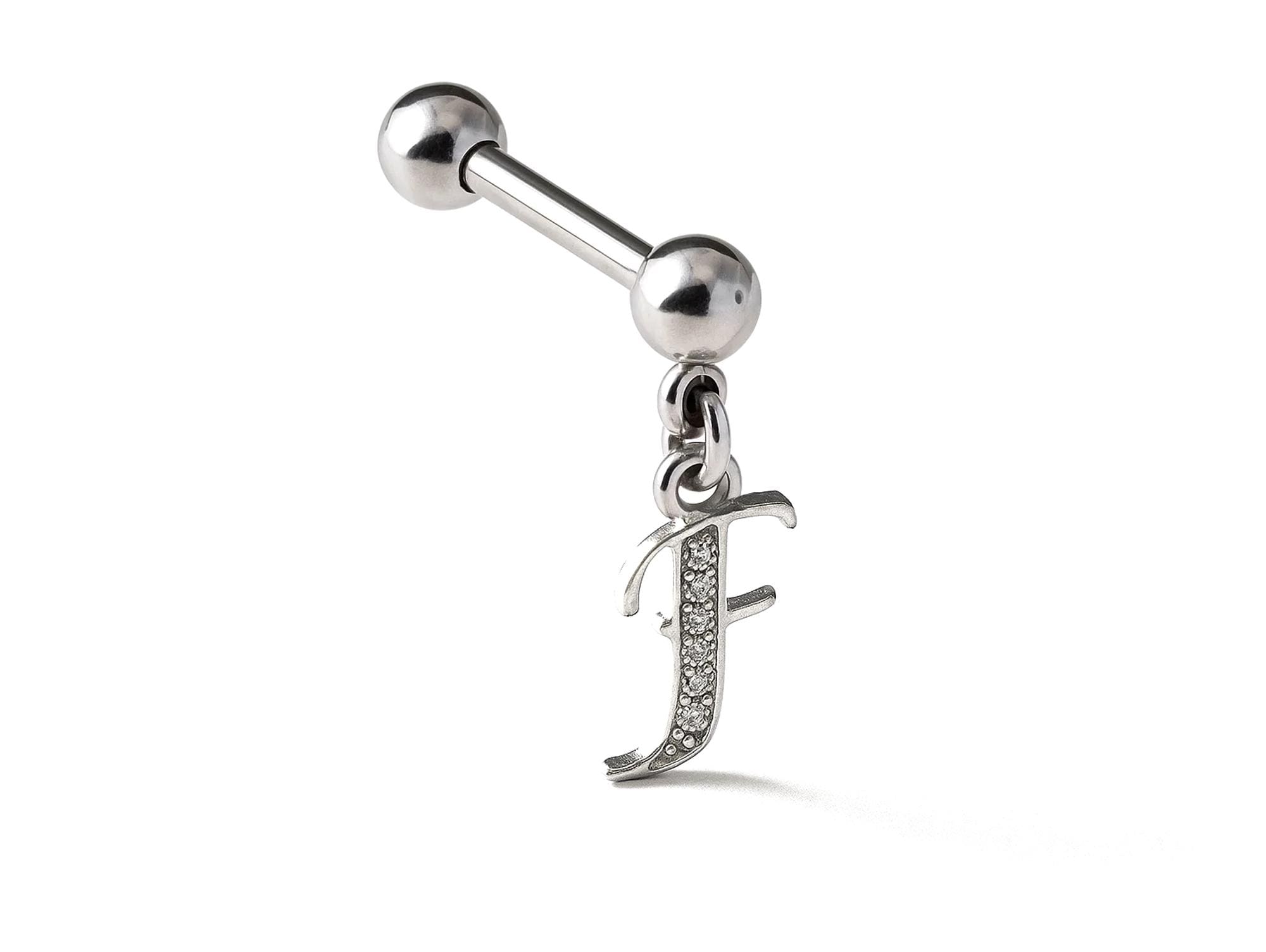 Initial Charm barbell earrings, 16G Piercing with 3mm balls and dangle Silver Letter Charm