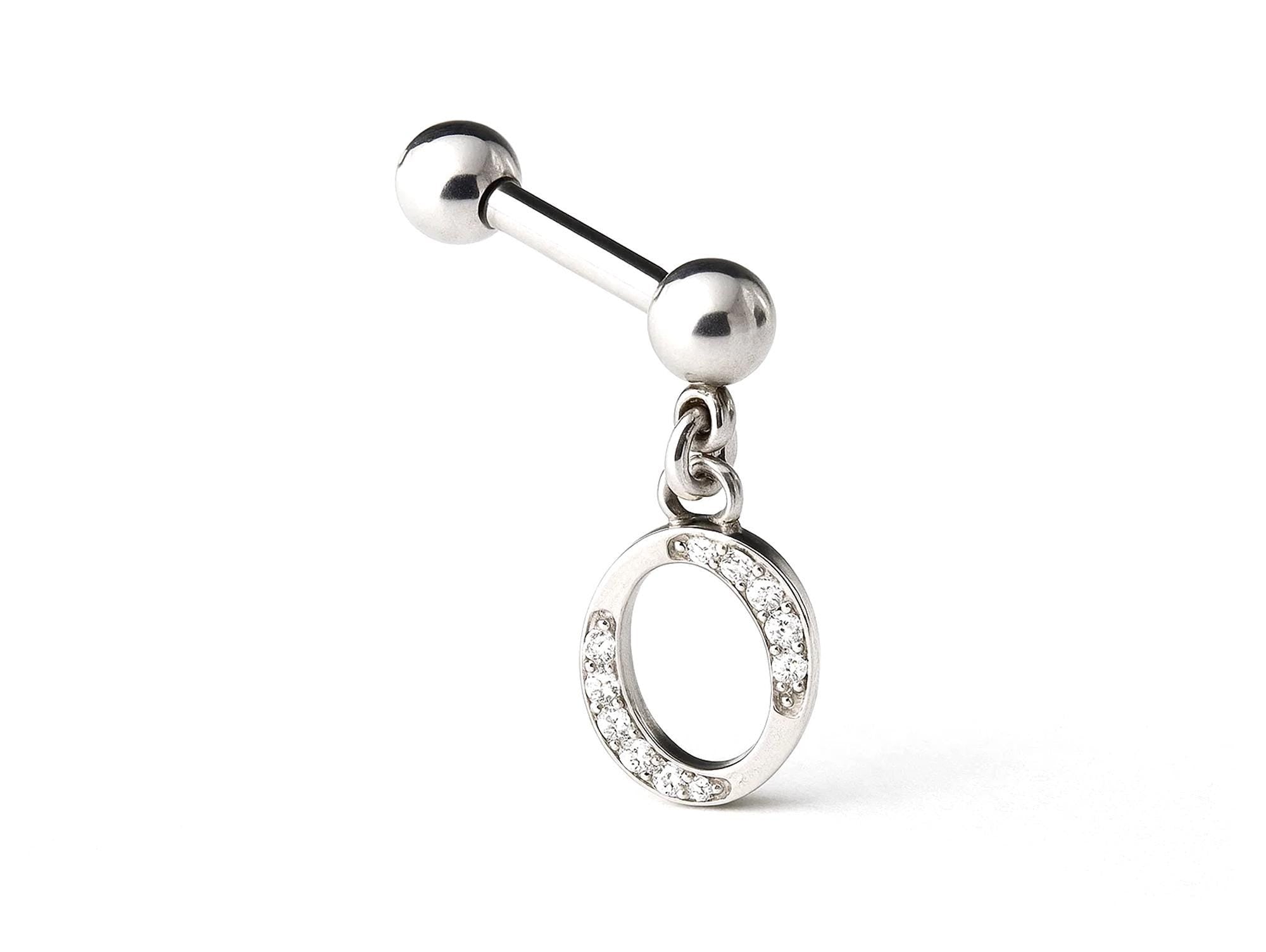 Initial Charm barbell earrings, 16G Piercing with 3mm balls and dangle Silver Letter Charm