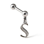 Initial Charm barbell earrings, 16G Piercing with 3mm balls and dangle Silver Letter Charm