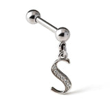 Initial Charm barbell earrings, 16G Piercing with 3mm balls and dangle Silver Letter Charm