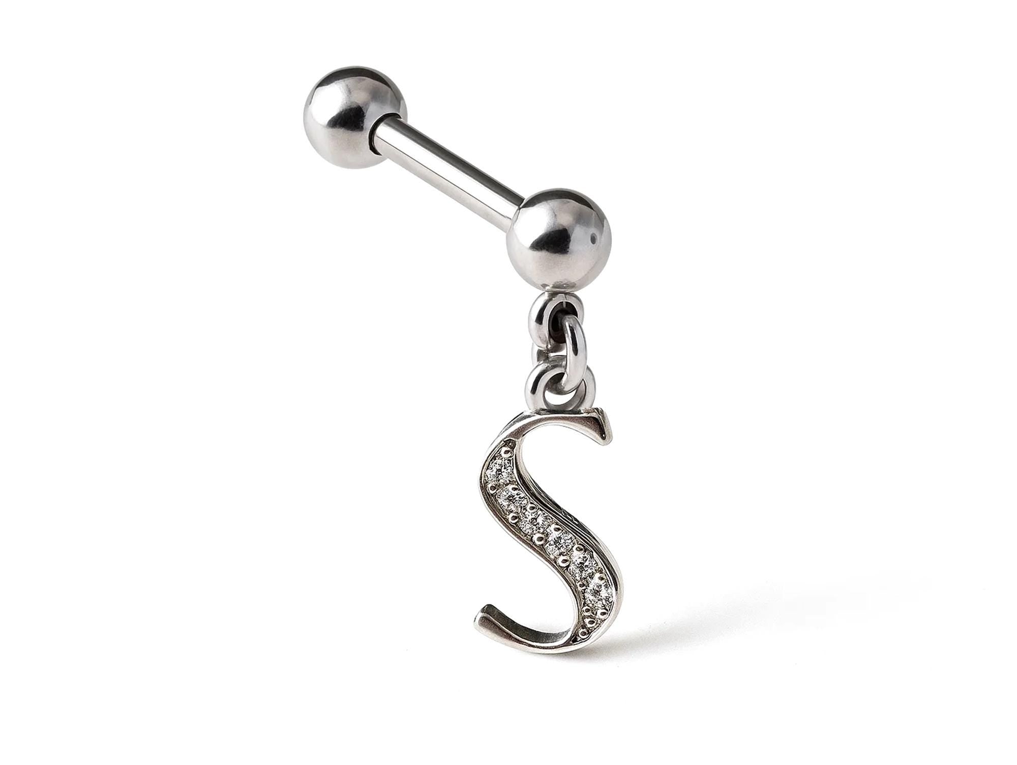 Initial Charm barbell earrings, 16G Piercing with 3mm balls and dangle Silver Letter Charm