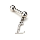 Initial Charm barbell earrings, 16G Piercing with 3mm balls and dangle Silver Letter Charm