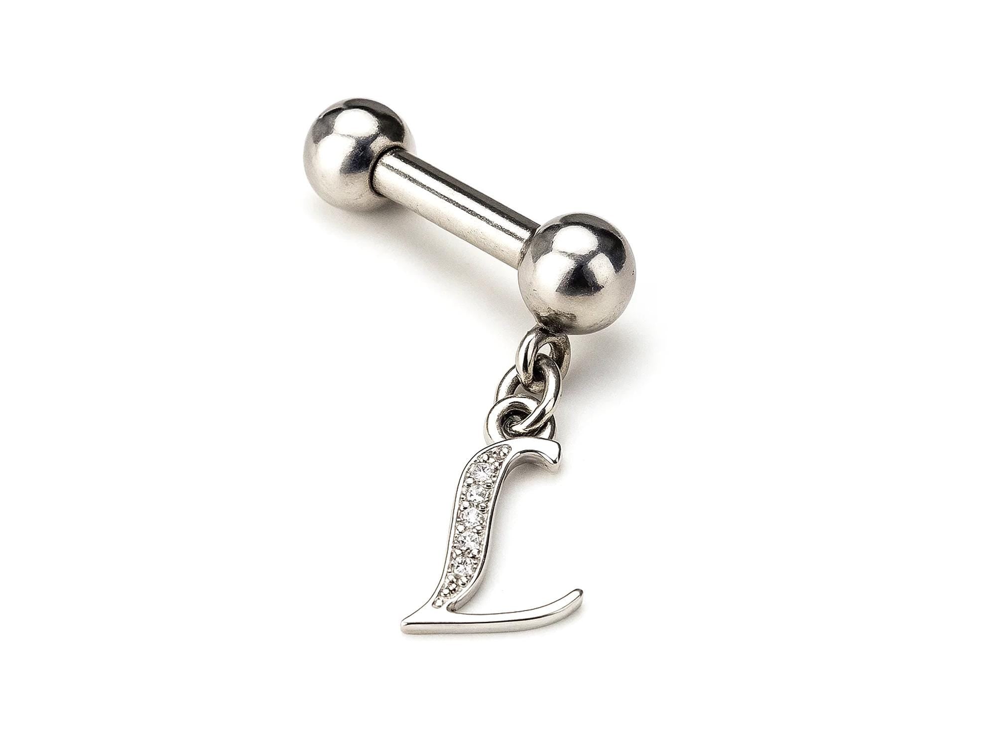 Initial Charm barbell earrings, 16G Piercing with 3mm balls and dangle Silver Letter Charm