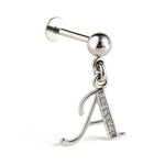 Initial Charm Labret Studs, 16G Cartilage Piercing with 3mm ball and Silver Letter Charm