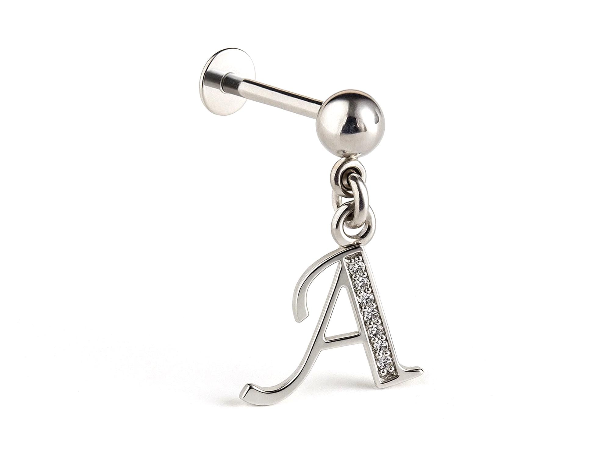 Initial Charm Labret Studs, 16G Cartilage Piercing with 3mm ball and Silver Letter Charm
