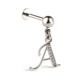Initial Charm Labret Studs, 16G Cartilage Piercing with 3mm ball and Silver Letter Charm