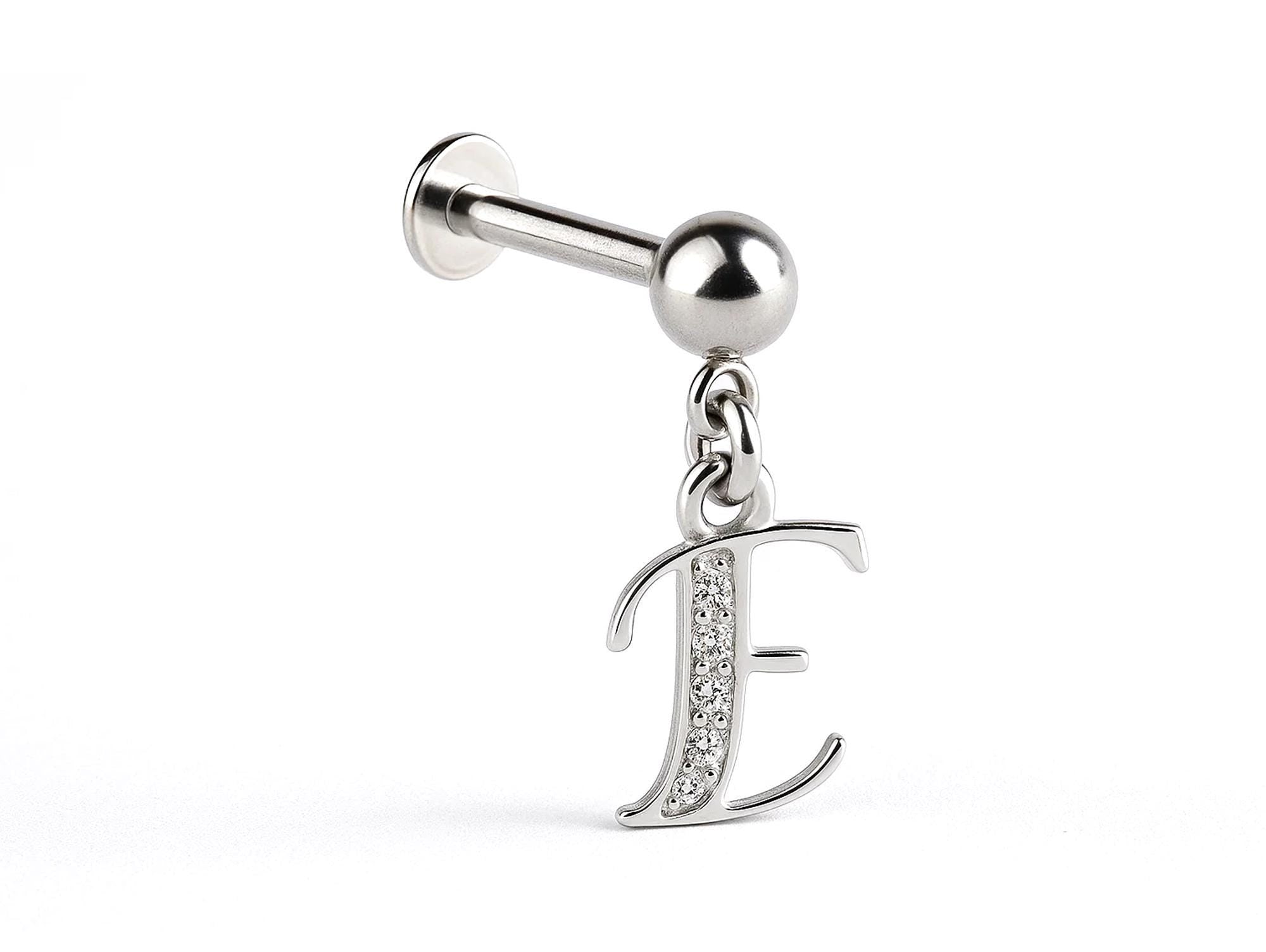 Initial Charm Labret Studs, 16G Cartilage Piercing with 3mm ball and Silver Letter Charm