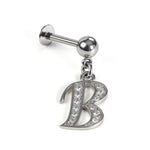 Initial Charm Labret Studs, 16G Cartilage Piercing with 3mm ball and Silver Letter Charm