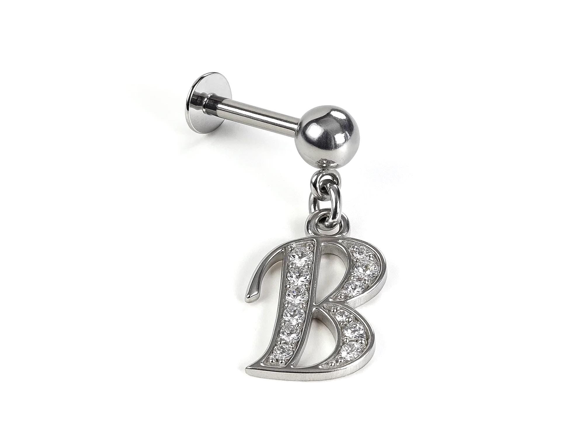 Initial Charm Labret Studs, 16G Cartilage Piercing with 3mm ball and Silver Letter Charm