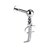 Initial Charm Labret Studs, 16G Cartilage Piercing with 3mm ball and Silver Letter Charm