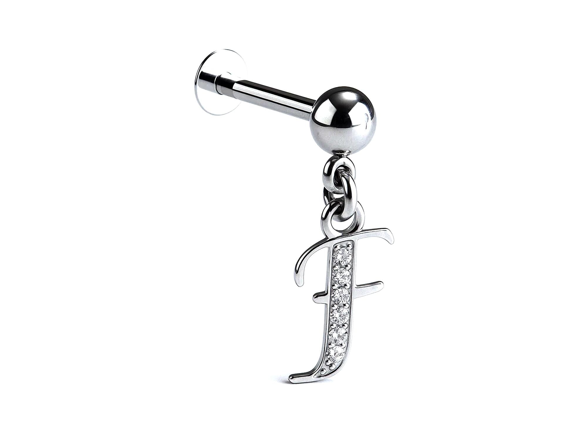 Initial Charm Labret Studs, 16G Cartilage Piercing with 3mm ball and Silver Letter Charm