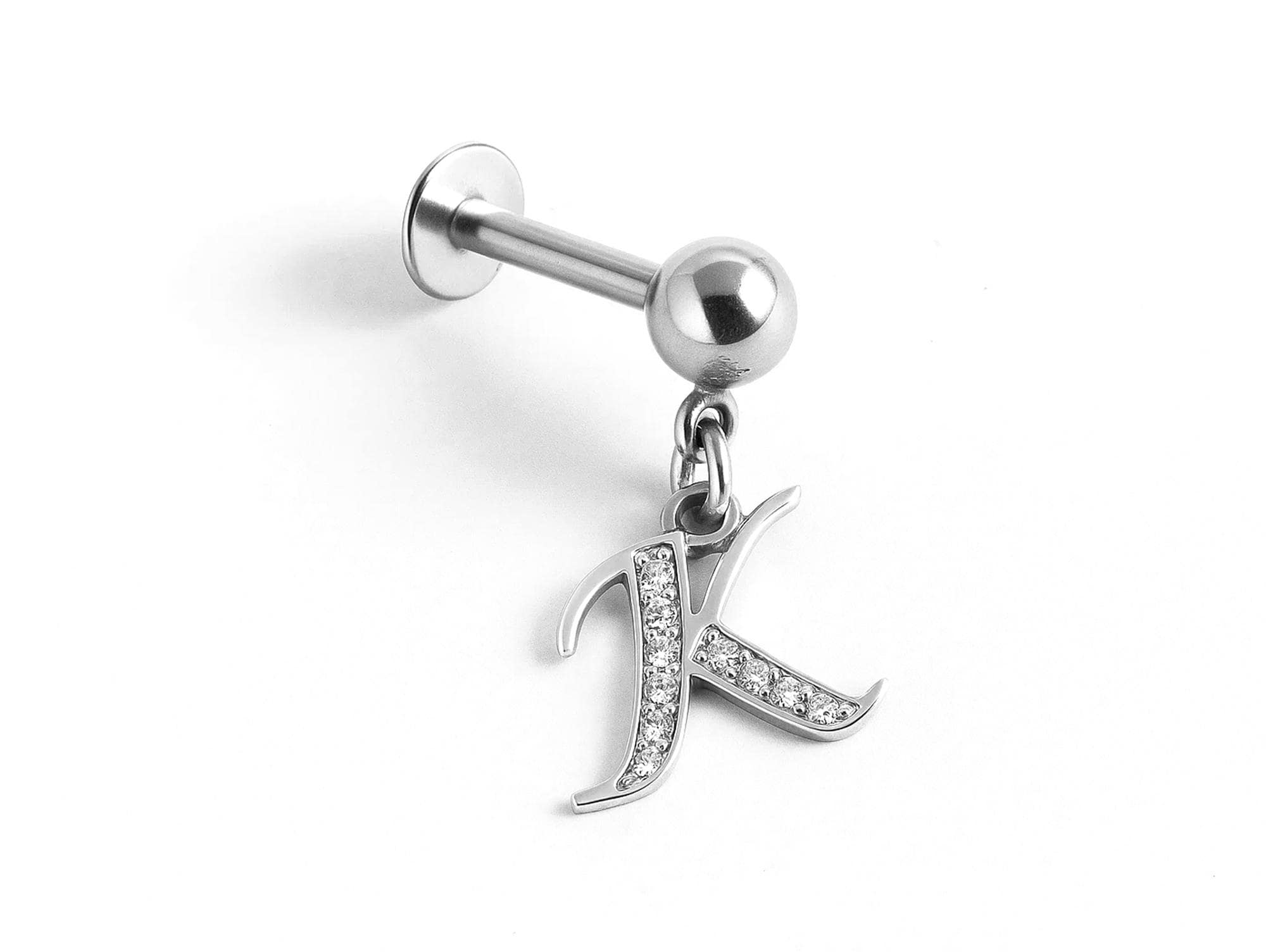 Initial Charm Labret Studs, 16G Cartilage Piercing with 3mm ball and Silver Letter Charm