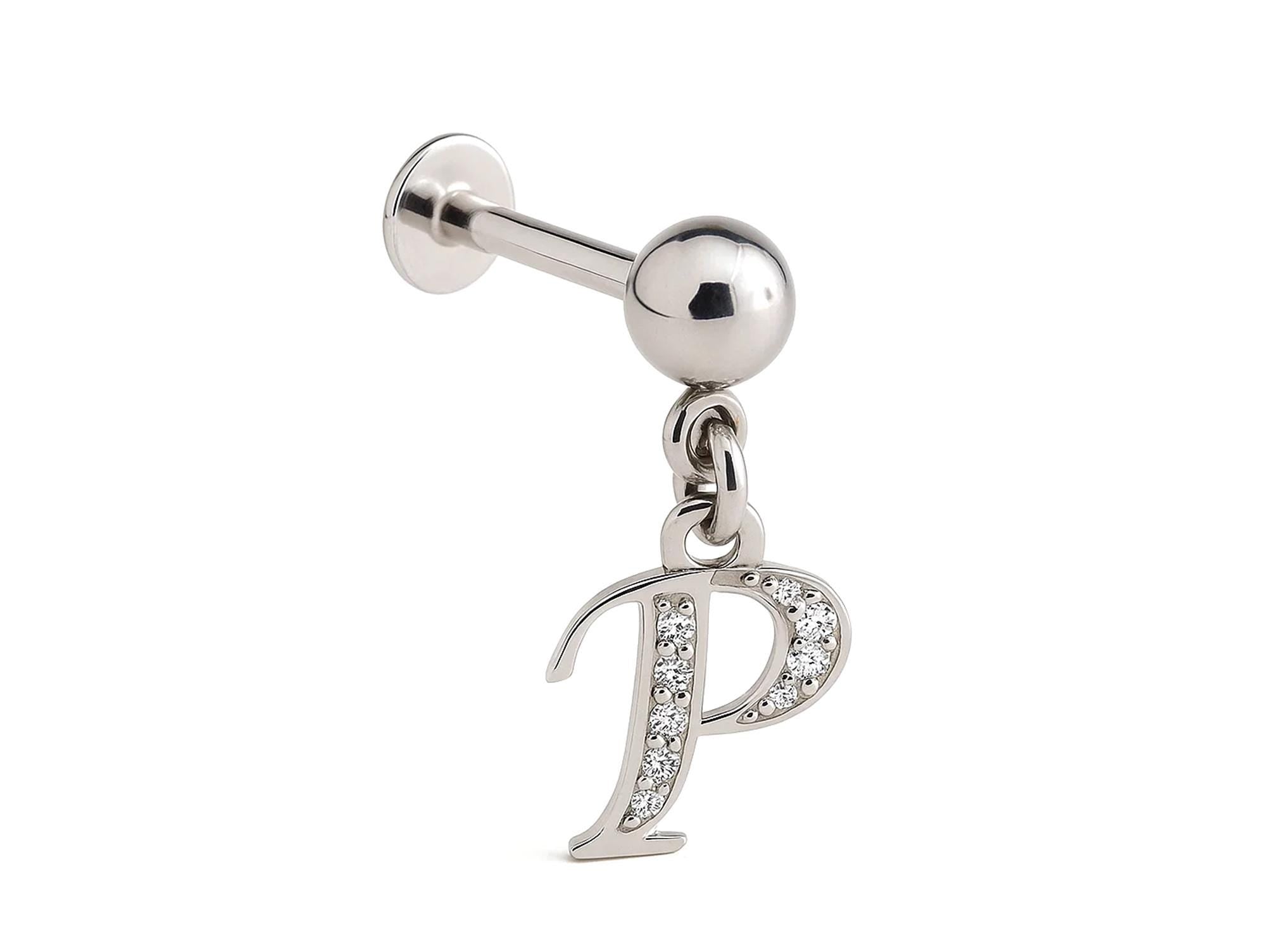 Initial Charm Labret Studs, 16G Cartilage Piercing with 3mm ball and Silver Letter Charm