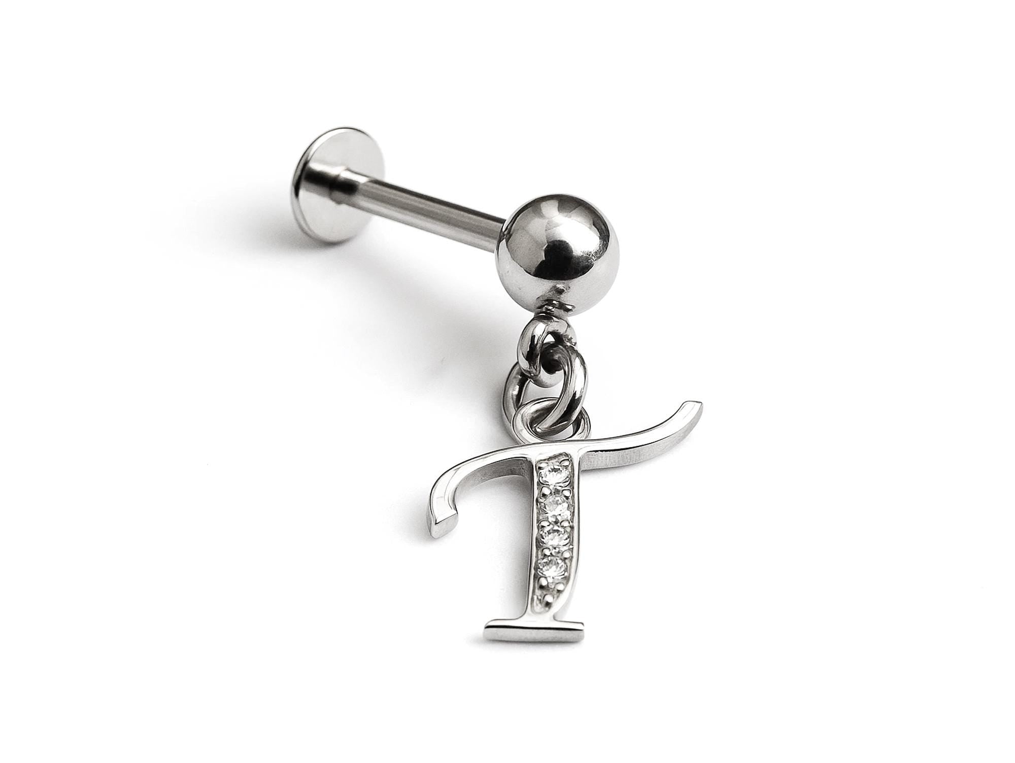 Initial Charm Labret Studs, 16G Cartilage Piercing with 3mm ball and Silver Letter Charm