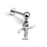 Initial Charm Labret Studs, 16G Cartilage Piercing with 3mm ball and Silver Letter Charm