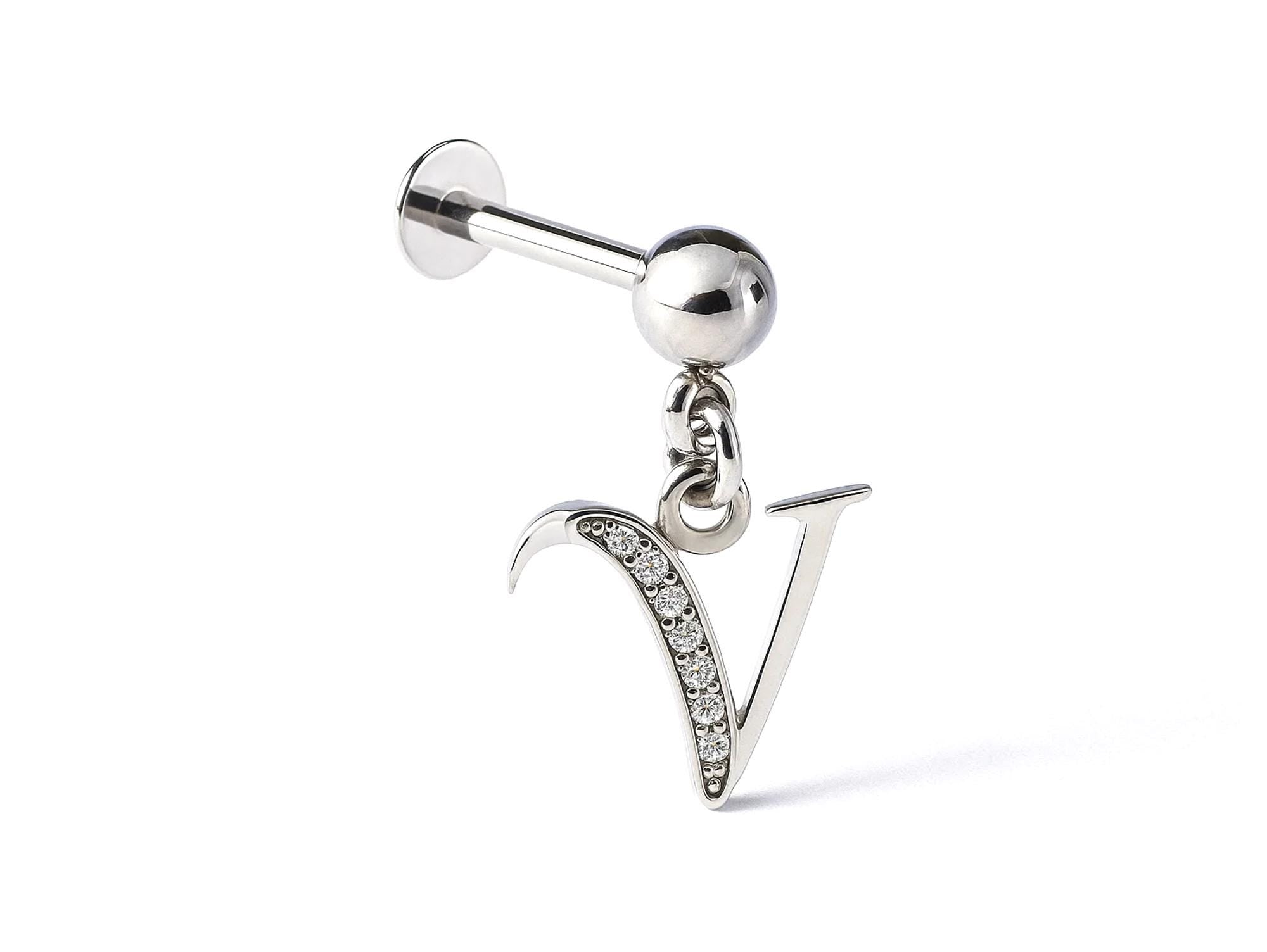 Initial Charm Labret Studs, 16G Cartilage Piercing with 3mm ball and Silver Letter Charm