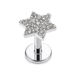 14k White gold Star labret lip stud piercing with Gemstones: 16g internally Threaded