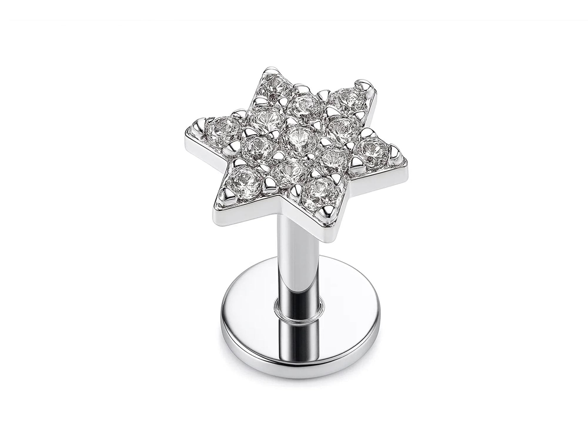 14k White gold Star labret lip stud piercing with Gemstones: 16g internally Threaded