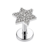14k White gold Star labret lip stud piercing with Gemstones: 16g internally Threaded