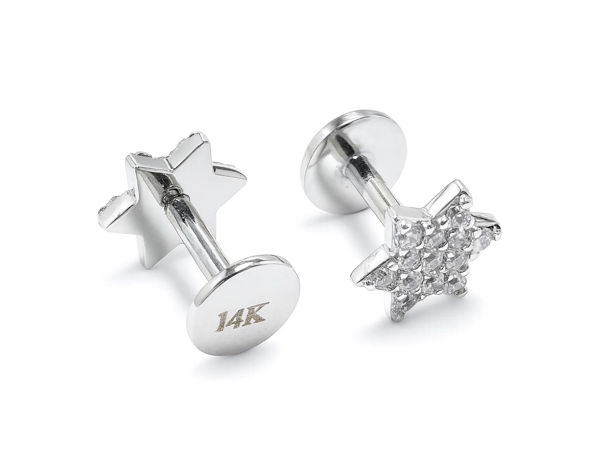 14k White gold Star labret lip stud piercing with Gemstones: 16g internally Threaded