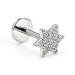 14k White gold Star labret lip stud piercing with Gemstones: 16g internally Threaded
