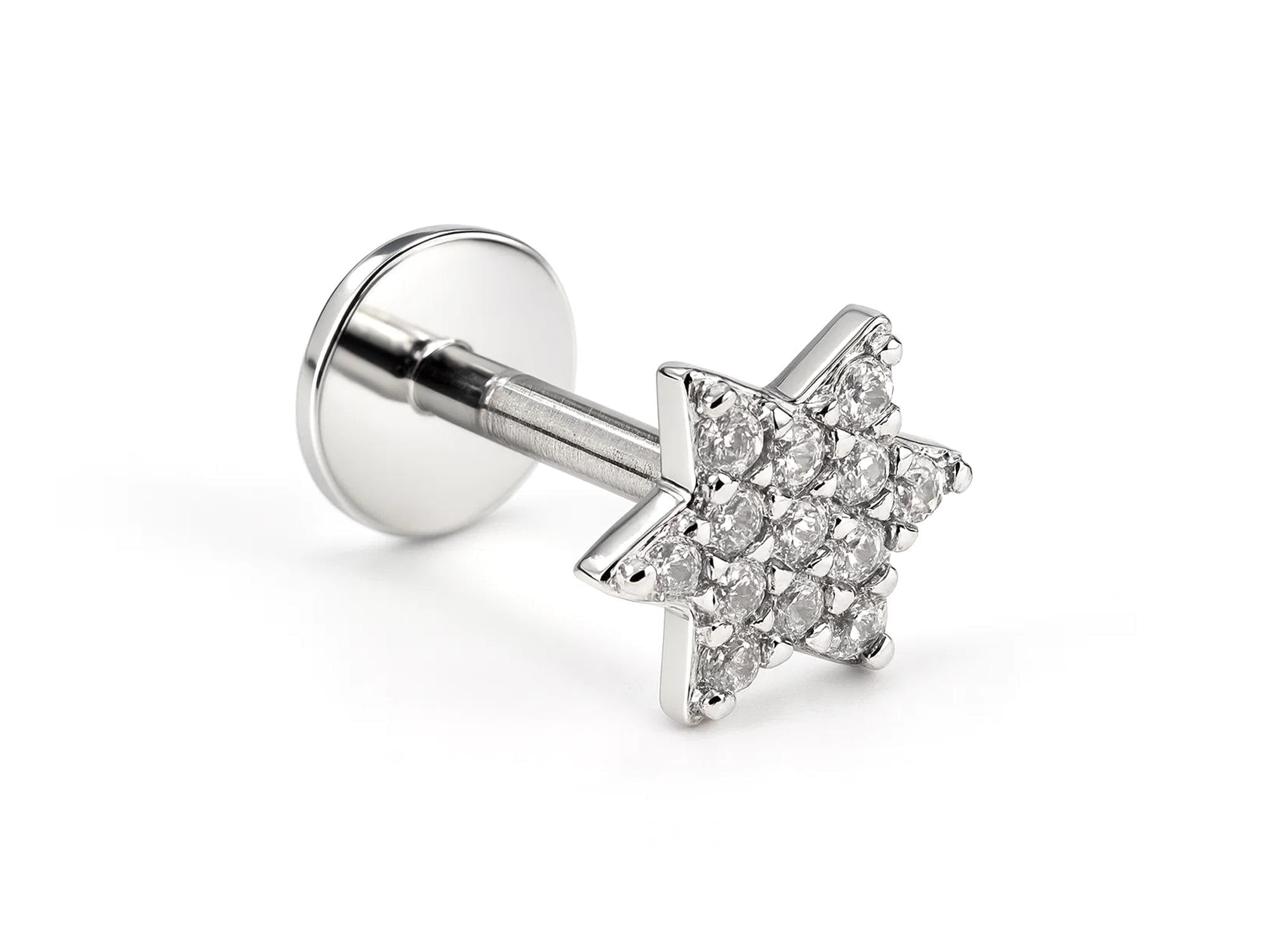 14k White gold Star labret lip stud piercing with Gemstones: 16g internally Threaded