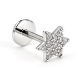 14k White gold Star labret lip stud piercing with Gemstones: 16g internally Threaded