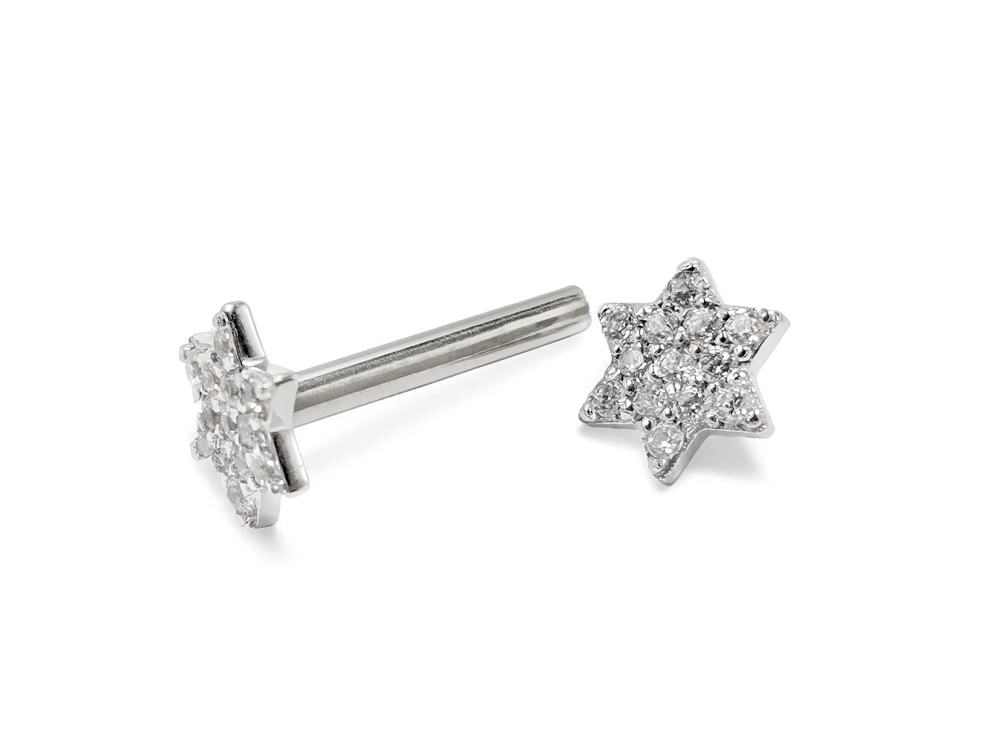 14k White gold Star Barbell Piercing with Gemstones - Internally Threaded - 16g Body Jewellery