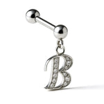Initial Charm barbell earrings, 16G Piercing with 3mm balls and dangle Silver Letter Charm