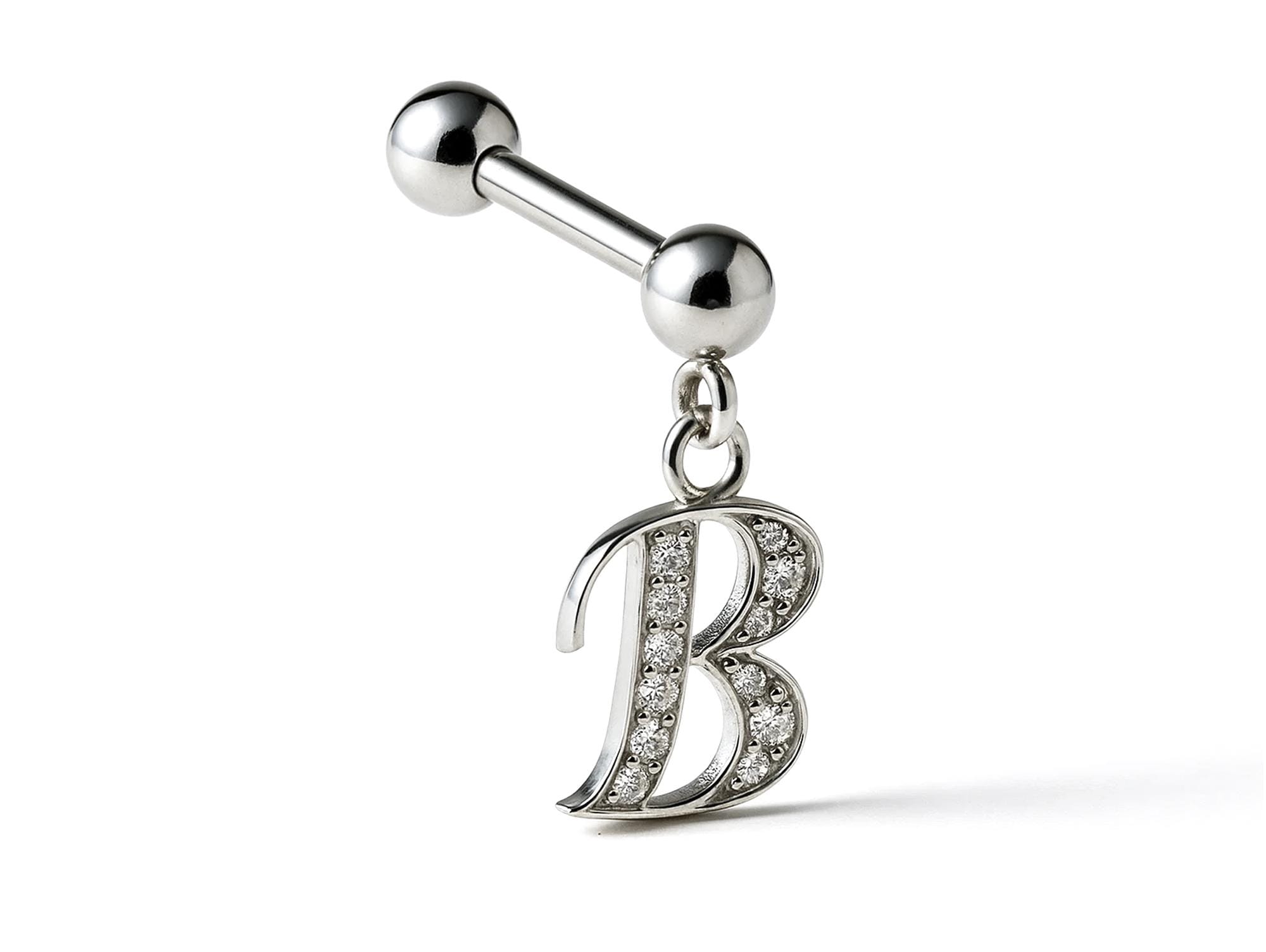 Initial Charm barbell earrings, 16G Piercing with 3mm balls and dangle Silver Letter Charm